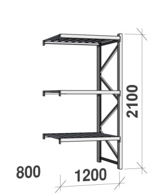 Lagerhylla följesektion 2100x1200x800 600kg/hyllplan,3 hyllor