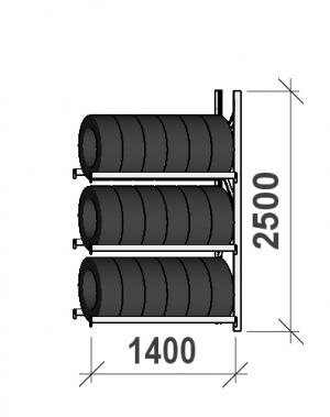 Däckställ följesektion 2500x1400x500, 3 hyllplan,600kg/plan