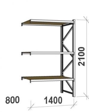 Lagerhylla följesektion 2100x1400x800 600kg/hyllplan 3 hyllor, spånskiva