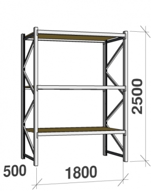 Lagerhylla startsektion 2500x1800x500 480kg/hyllplan,3 hyllor, spånskiva