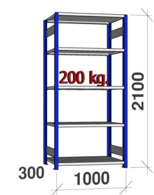 Lagerhylla startsektion 2100x1000x300 200kg/hyllplan,5 hyllor, blå/ljusgrå