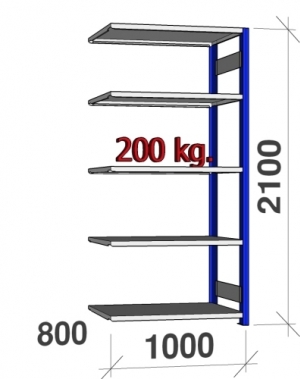 Lagerhylla följesektion 2100x1000x800 200kg/hyllplan,5 hyllor, blå/galv