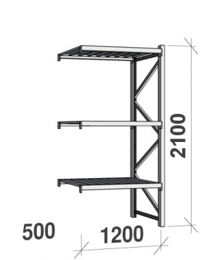 Lagerhylla följesektion 2100x1200x500 600kg/hyllplan,3 hyllor