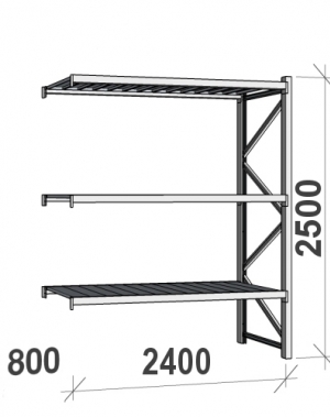 Lagerhylla följesektion 2500x2400x800 300kg/hyllplan,3 hyllor