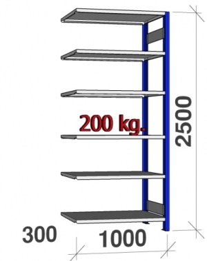 Extension bay 2500x1000x300 200kg/shelf,6 shelves, blue/light gray