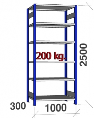 Lagerhylla startsektion 2500x1000x300 200kg/hyllplan,6 hyllor, blå/ljusgrå