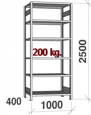 Lagerhylla startsektion 2500x1000x400 200kg/hyllplan,6 hyllor