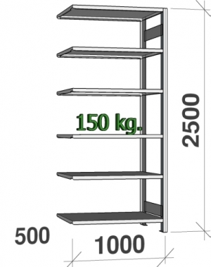 Extension bay 2500x1000x500 150kg/shelf,6 shelves