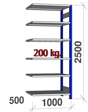 Extension bay 2500x1000x500 200kg/shelf,6 shelves, blue/light gray