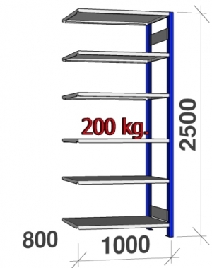 Lagerhylla följesektion 2500x1000x800 200kg/hyllplan,6 hyllor, blå/galv