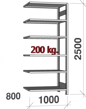 Extension bay 2500x1000x800 200kg/shelf,6 shelves