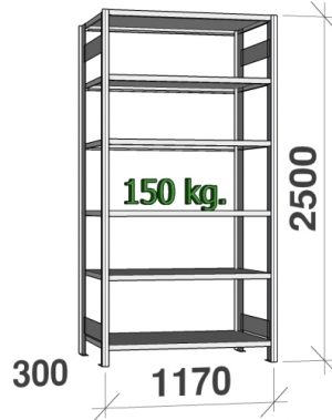 Lagerhylla startsektion 2500x1170x300 150kg/hyllplan,6 hyllor