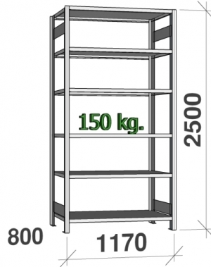 Lagerhylla startsektion 2500x1170x800 150kg/hyllplan,6 hyllor