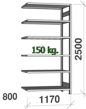 Lagerhylla följesektion 2500x1170x800 150kg/hyllplan,6 hyllor