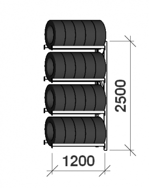 Däckställ följesektion 2500x1200x500, 4 hyllplan,600kg/plan