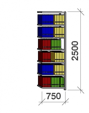 Arkivhylla följesektion 2500x750x400 200kg/hyllplan,7 hyllor