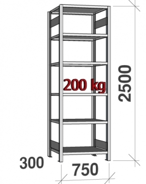 Lagerhylla startsektion 2500x750x300 200kg/hyllplan,6 hyllor