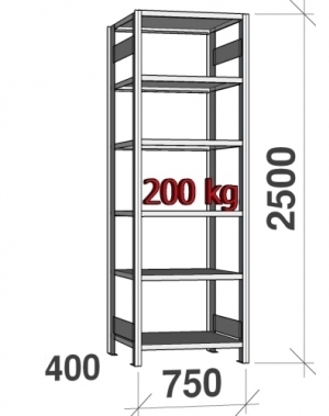 Lagerhylla startsektion 2500x750x400 200kg/hyllplan,6 hyllor