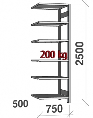 Extension bay 2500x750x500 200kg/shelf,6 shelves