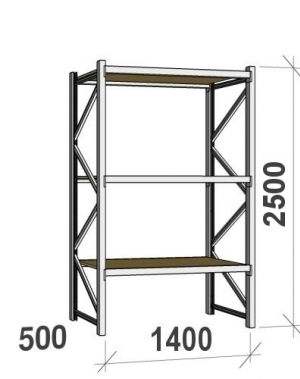 Lagerhylla startsektion 2500x1400x500 600kg/hyllplan,3 hyllor, spånskiva