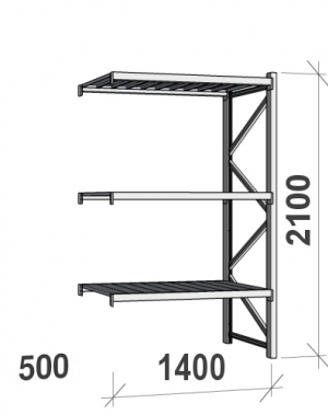 Lagerhylla följesektion 2100x1400x500 600kg/hyllplan,3 hyllor