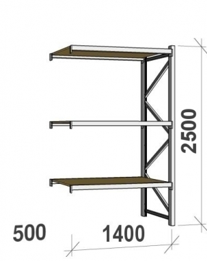 Lagerhylla följesektion 2500x1400x500 600kg/hyllplan 3 hyllor, spånskiva