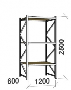 Lagerhylla startsektion 2500x1200x600 600kg/hyllplan,3 hyllor, spånskiva