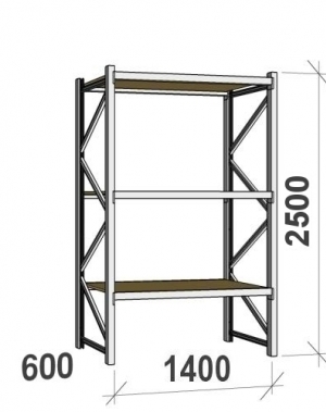 Lagerhylla startsektion 2500x1400x600 600kg/hyllplan,3 hyllor, spånskiva