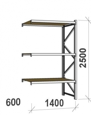 Lagerhylla följesektion 2500x1400x600 600kg/hyllplan 3 hyllor, spånskiva