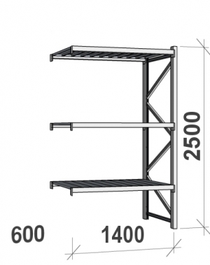 Lagerhylla följesektion 2500x1400x600 600kg/hyllplan,3 hyllor