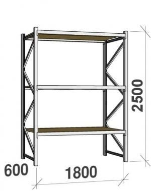 Lagerhylla startsektion 2500x1800x600 480kg/hyllplan,3 hyllor, spånskiva