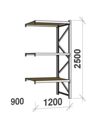 Lagerhylla följesektion 2500x1200x900 600kg/hyllplan 3 hyllor, spånskiva