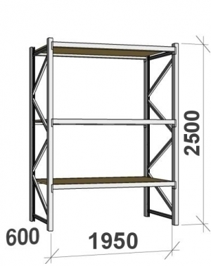 Lagerhylla startsektion 2500x1950x600 440kg/hyllplan,3 hyllor, spånskiva