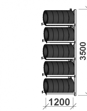 Däckställ följesektion 3500x1200x500, 5 hyllplan,600kg/plan MAXI