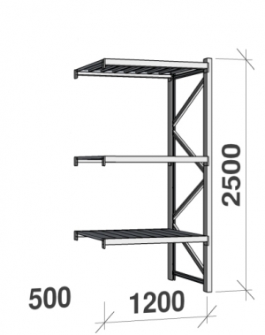 Lagerhylla följesektion 2500x1200x500 600kg/hyllplan 3 hyllor, zinkplåt