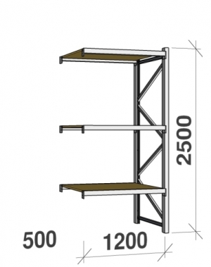 Lagerhylla följesektion 2500x1200x500 600kg/hyllplan 3 hyllor, spånskiva