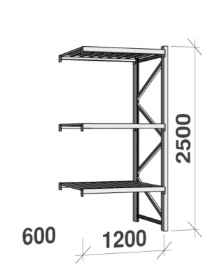 Lagerhylla följesektion 2500x1200x600 600kg/hyllplan,3 hyllor