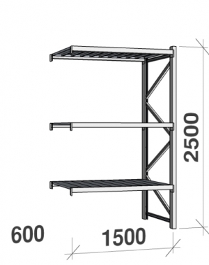 Lagerhylla följesektion 2500x1500x600 600kg/hyllplan 3 hyllor, zinkplåt