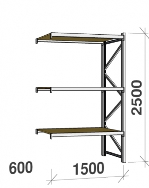 Lagerhylla följesektion 2500x1500x600 600kg/hyllplan 3 hyllor, spånskiva