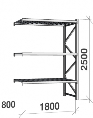 Lagerhylla följesektion 2500x1800x800 480kg/hyllplan 3 hyllor, zinkplåt