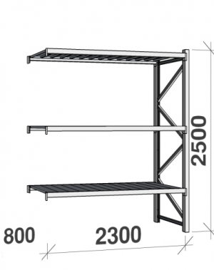 Lagerhylla följesektion 2500x2300x800 350kg/hyllplan 3 hyllor, zinkplåt