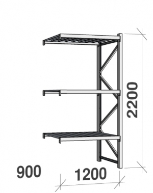 Lagerhylla följesektion 2200x1200x900 600kg/hyllplan 3 hyllor, zinkplåt