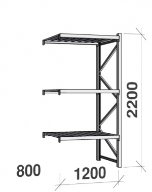 Lagerhylla följesektion 2200x1200x800 600kg/hyllplan 3 hyllor, zinkplåt