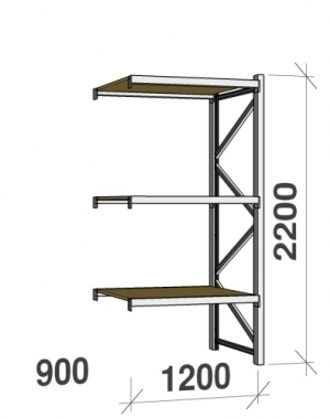 Lagerhylla följesektion 2200x1200x900 600kg/hyllplan 3 hyllor, spånskiva