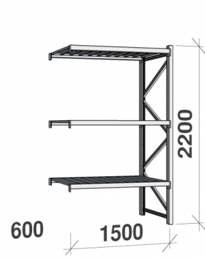 Lagerhylla följesektion 2200x1500x600 600kg/hyllplan 3 hyllor, zinkplåt