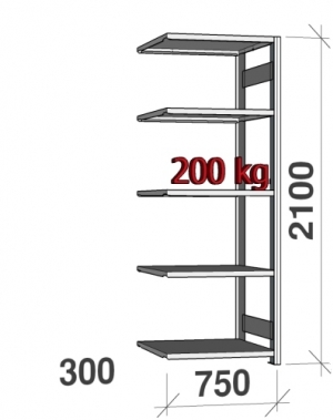 Lagerhylla följesektion 2100x750x300 200kg/hyllplan,5 hyllor