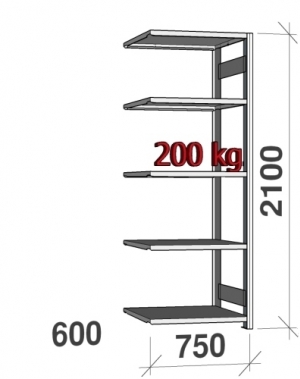 Extension bay 2100x750x600 200kg/shelf,5 shelves