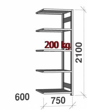 Lagerhylla följesektion 2100x750x600 200kg/hyllplan,5 hyllor