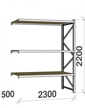 Lagerhylla följesektion 2200x2300x500 350kg/hyllplan 3 hyllor, spånskiva