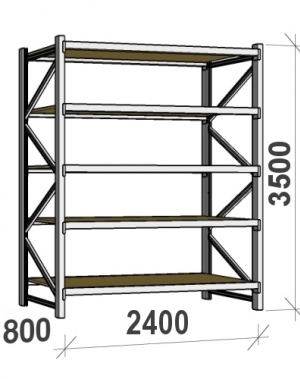 Lagerhylla startsektion 3500x2400x800 300kg/hyllplan,5 hyllor, spånskiva MAXI